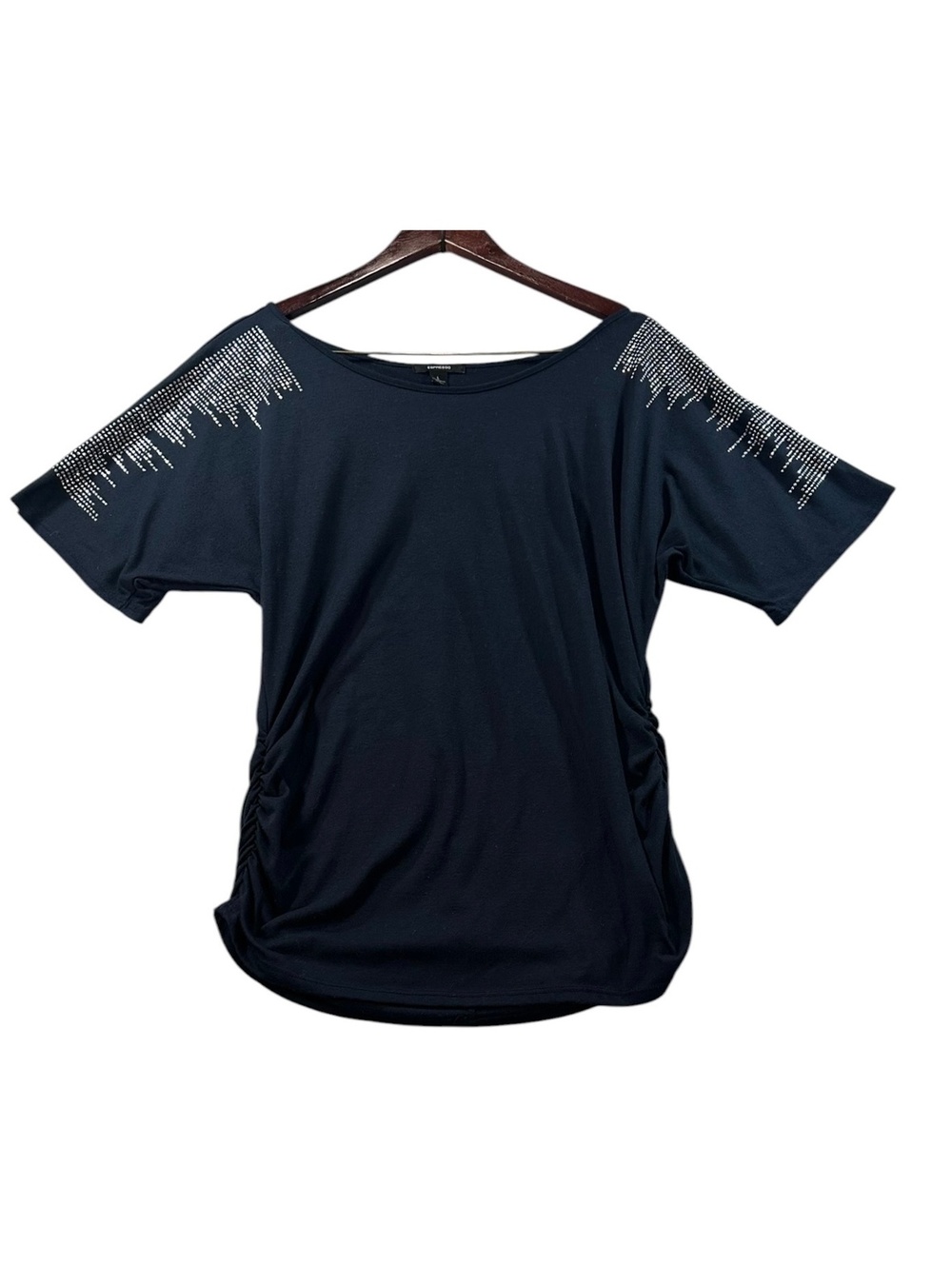 Espresso Women’s Large Navy Blue Rhinestone Shoulder Ruched Dolman Top